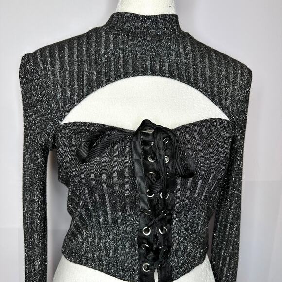 TOPSHOP Black Shimmer Front Cutout Sexy Lace Up Corset Long Sleeve Top 10 Large - Picture 3 of 7
